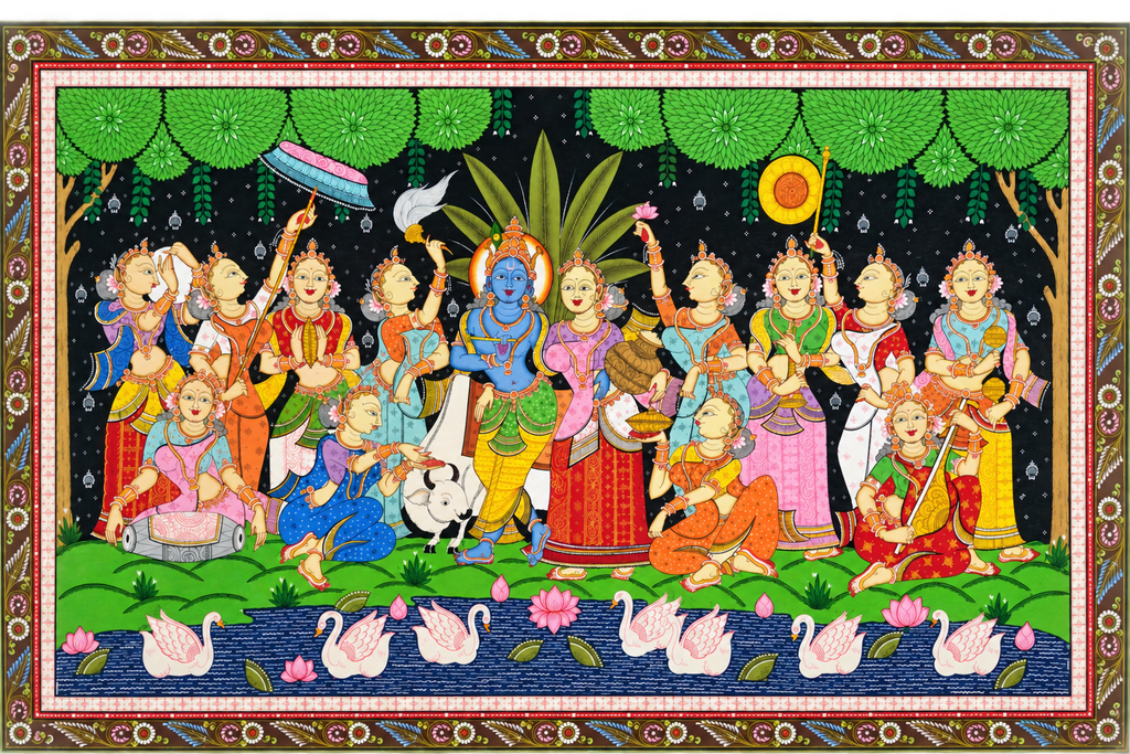 Krishna Leela in Vrindavan: Authentic Pattachitra Masterpiece