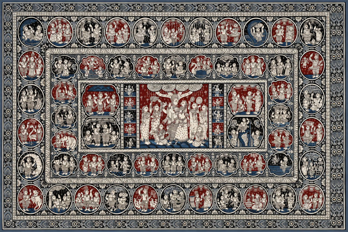 Krishna Leela Chronicles: Tri-Color Heritage Pattachitra Masterpiece