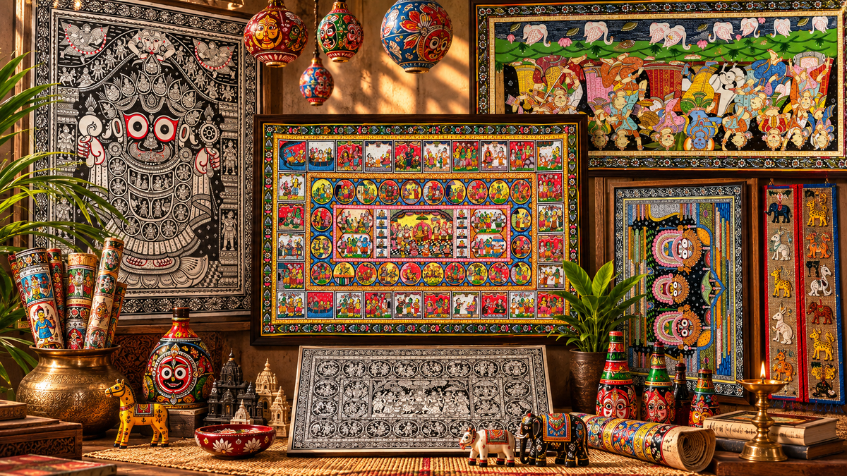 A richly decorated interior scene filled with colorful framed folk-art prints, hanging lanterns, painted pottery, plants, candles, and small decorative objects arranged on a table. The central framed artwork is especially prominent, surrounded by matching handcrafted decor.