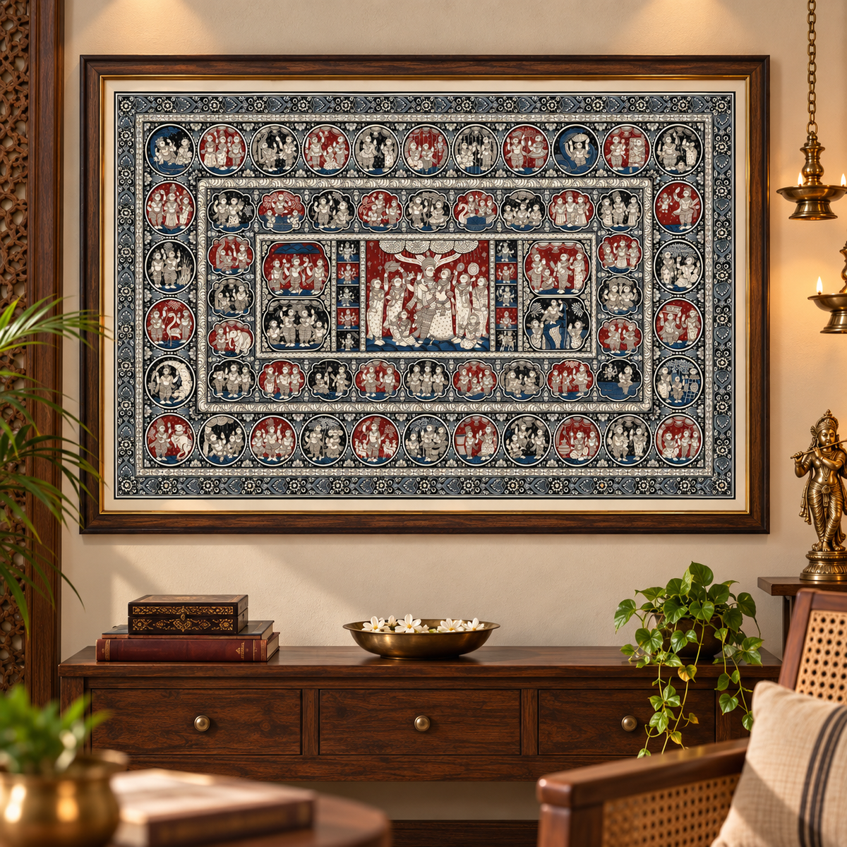 Krishna Leela Chronicles: Tri-Color Heritage Pattachitra Masterpiece