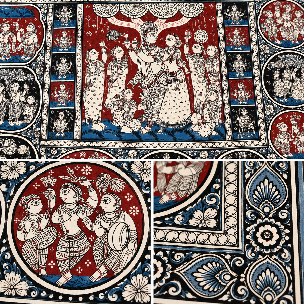 Krishna Leela Chronicles: Tri-Color Heritage Pattachitra Masterpiece